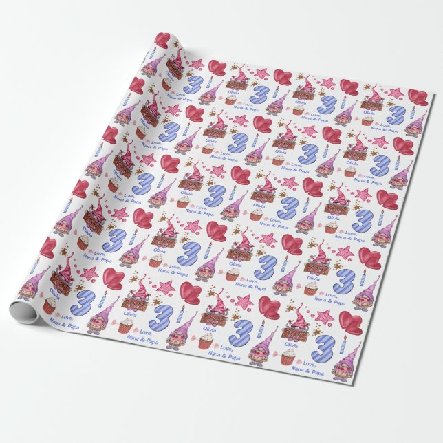 Papel De Regalo Gnome de Chica azul rosado de tres años (Desenrollado)
