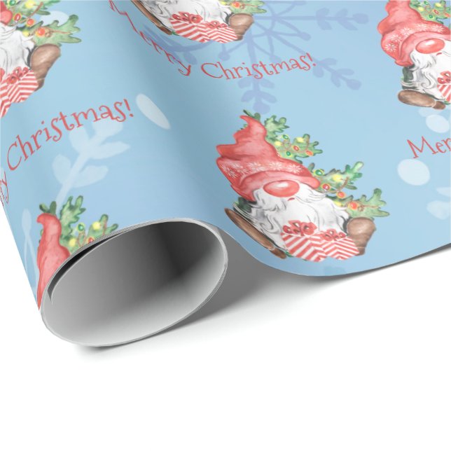 Papel De Regalo Gnome de navidades con el árbol presente personali (Esquina del rollo)
