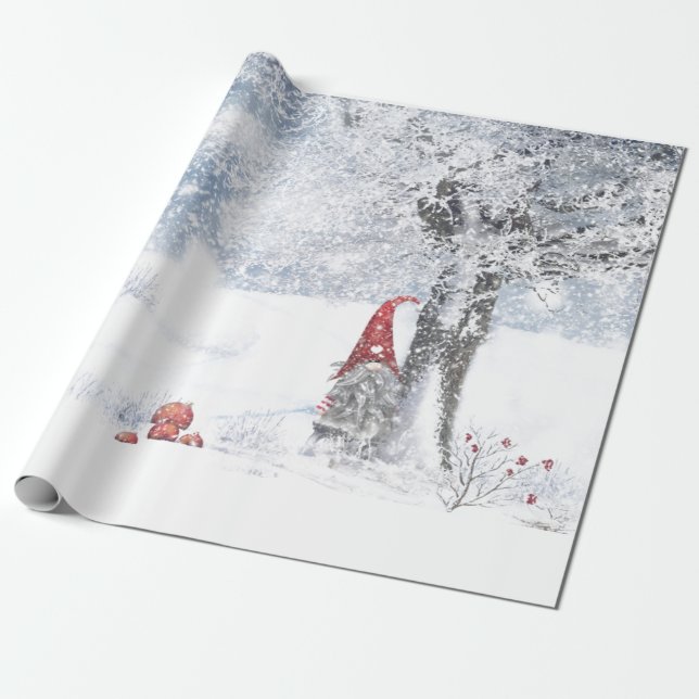 PAPEL DE REGALO GNOME EN LA NIEVE COBERTURA DE NAVIDADES FORESTALE (Desenrollado)