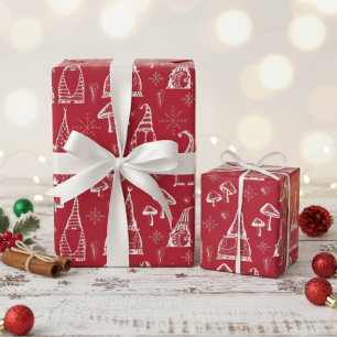 Papel De Regalo Gnomes de Navidades rojos, hongos y niños con copo