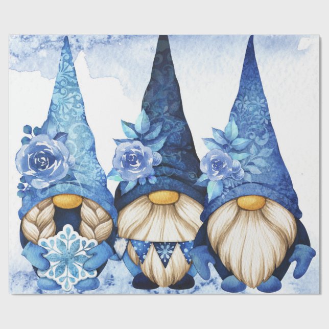 Papel De Regalo Gnomes escandinavos de invierno con peonía azul (Superficie plana)