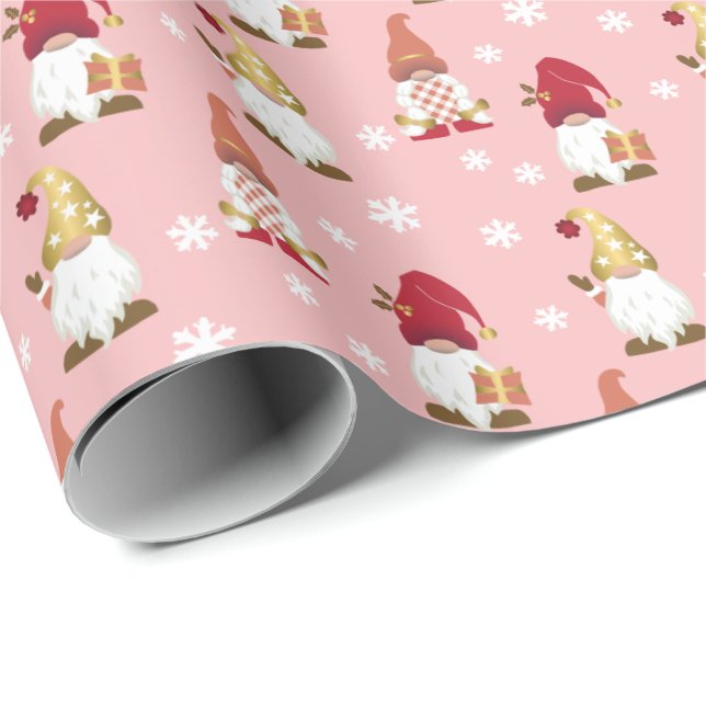 Papel De Regalo Gnomes Gnomes Invierno Rosa Rosa Rojo Oro (Esquina del rollo)