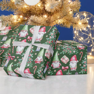 Papel De Regalo Gnomes Navidades de acuarela, árboles de Navidad