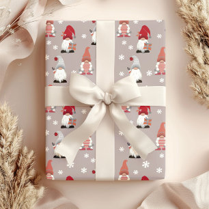 Papel De Regalo Gnomes nórdicos lindo Invierno Rojo Rosa Gris Blan