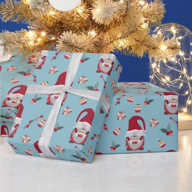 Papel De Regalo Gnomo de Navidad azul con pastel (Vacaciones)