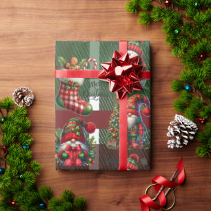 Papel De Regalo Gnomo de pan de jengibre de cuadros navideños verd