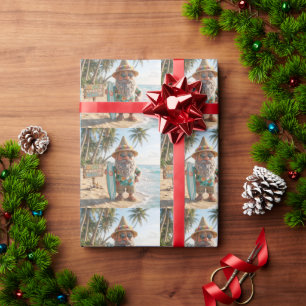 Papel De Regalo Gnomo surfista en playa tropical con tabla de surf