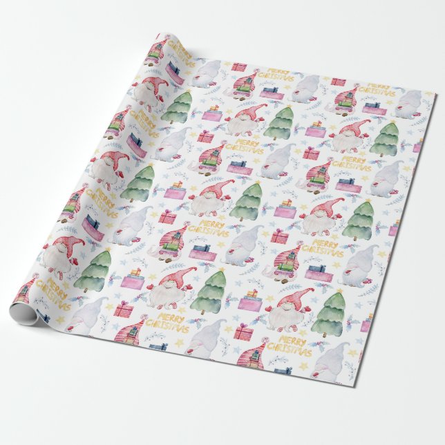 Papel De Regalo gnomos acuarelas de los navidades (Desenrollado)