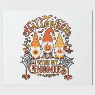 Papel De Regalo Gnomos de Halloween Calabaza Telaraña Murciélagos_