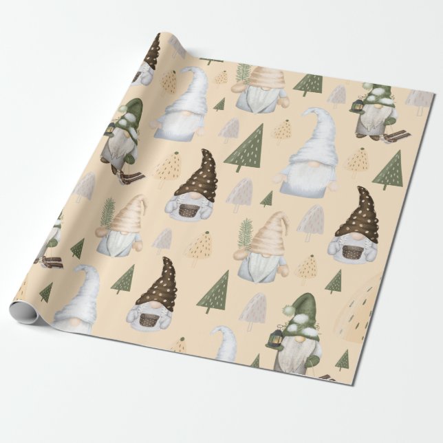 Papel De Regalo Gnomos de Invierno Bosque Beige (Desenrollado)