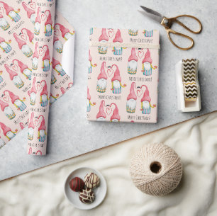 Papel De Regalo Gnomos de Navidad enamorados acuarela pintado a ma