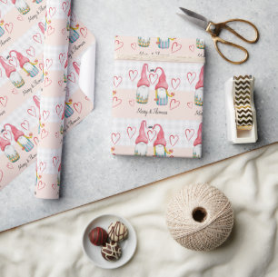 Papel De Regalo Gnomos de Navidad enamorados acuarela pintado a ma
