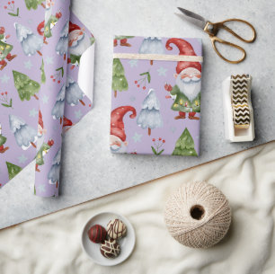 Papel de Regalo Gnomos Lila Claro Acuarela