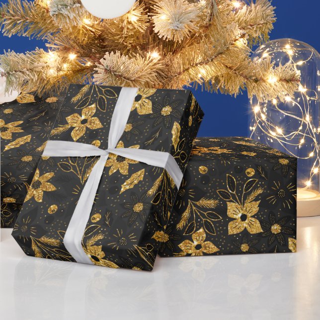 Papel De Regalo Gold and Black Christmas Poinsettia Flowers (Vacaciones)