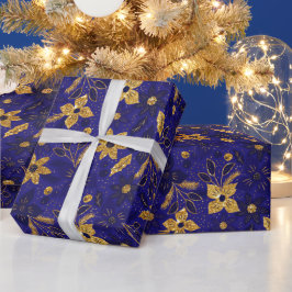 Papel De Regalo Gold and Blue Christmas Poinsettia Flowers