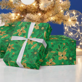 Papel De Regalo Gold and Green Christmas Poinsettia Flowers