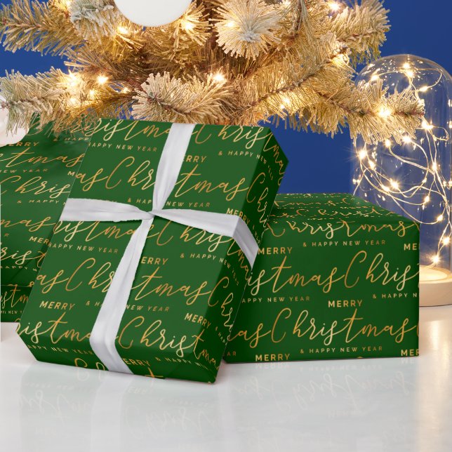 Papel De Regalo Gold and Green Merry Christmas Word Art (Vacaciones)