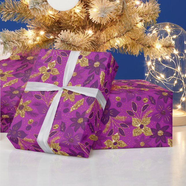Papel De Regalo Gold and Purple Christmas Poinsettia Flowers (Vacaciones)