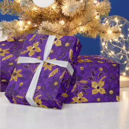 Papel De Regalo Gold and Purple Christmas Poinsettia Flowers