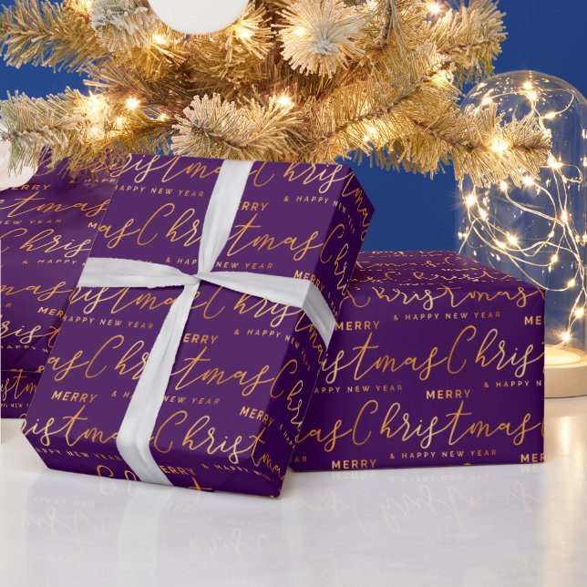 Papel De Regalo Gold and Purple Merry Christmas Word Art (Vacaciones)