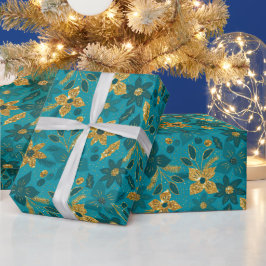 Papel De Regalo Gold and Teal Blue Christmas Poinsettia Flowers