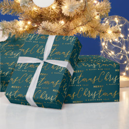 Papel De Regalo Gold and Teal Merry Christmas Word Art