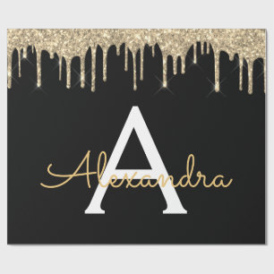 Papel De Regalo Gold Black Luxury Purpurina Glam Monograma Nombre