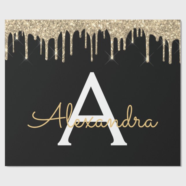 Papel De Regalo Gold Black Luxury Purpurina Glam Monograma Nombre (Superficie plana)