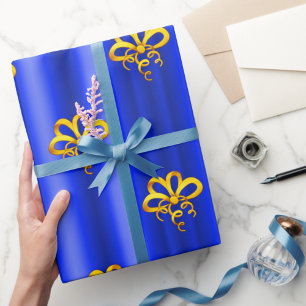 Papel De Regalo Gold Bows on Blue Christmas