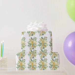Papel De Regalo Gold Cross Floral acuarela Bautismo Primera Comuni