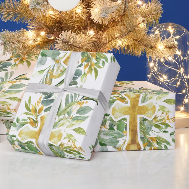 Papel De Regalo Gold Cross Floral acuarela Bautismo Primera Comuni (Vacaciones)