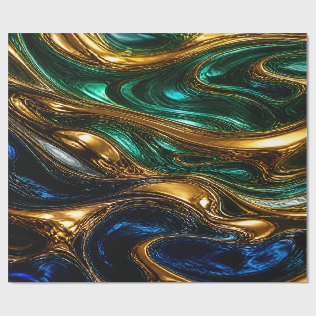 Papel De Regalo Gold Emerald Sapphire Fluid Art (Superficie plana)