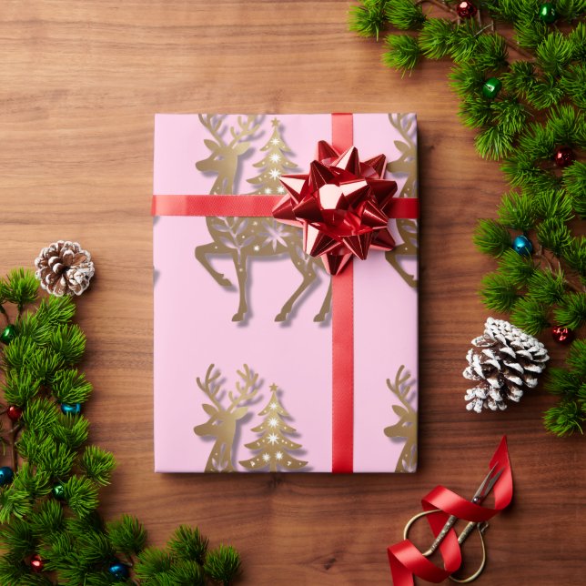 Papel De Regalo Gold Foil Reindeer with a Christmas Tree  (Regalo de vacaciones)