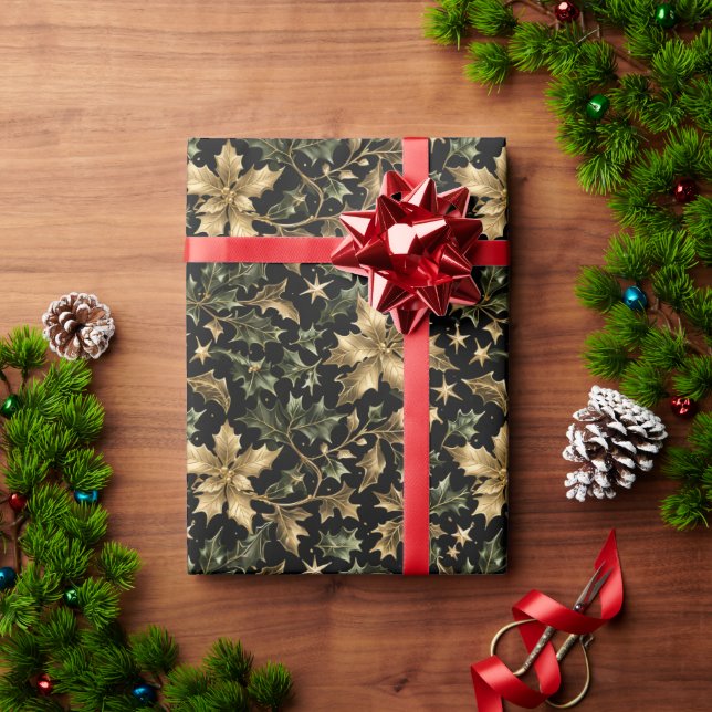 Papel De Regalo Gold & Green Leaves Wrapping Paper on Dark Back (Regalo de vacaciones)