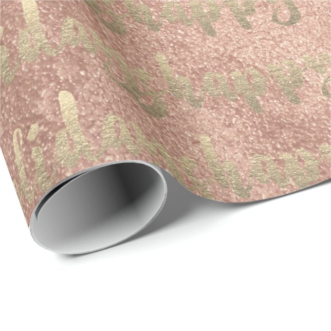 Papel De Regalo Gold Happy Holidays Script Rubor Pink Rose (Esquina del rollo)