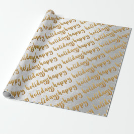 Papel De Regalo Gold Happy Holidays Script Silver Gray White