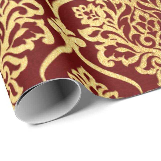 Papel De Regalo Gold Royal Damask Floral Maroon Burgundy Luxury (Esquina del rollo)