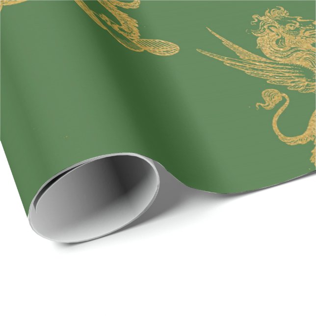 Papel De Regalo Gold Royal Leon Fairly King Green Grass Heraldic (Esquina del rollo)