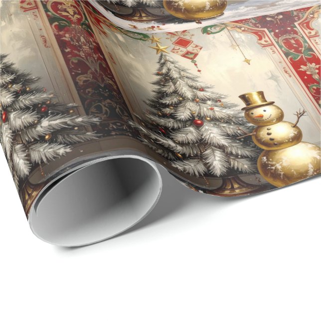 Papel De Regalo Gold Snowman Christmas Tree Holiday (Esquina del rollo)