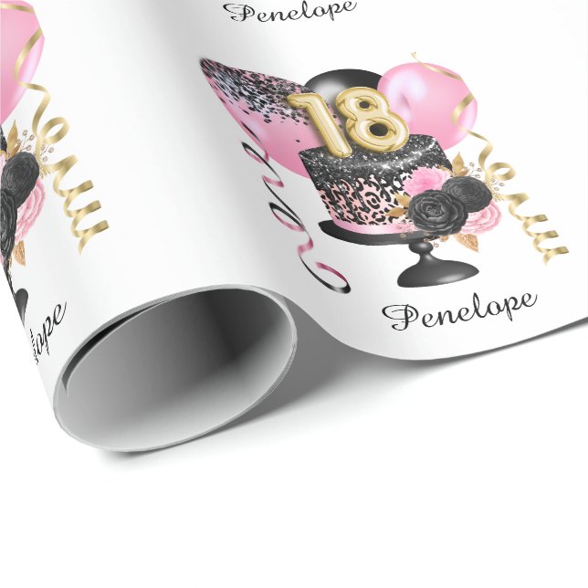 Papel De Regalo Gold y Black Cake 18th Birthday Name (Esquina del rollo)
