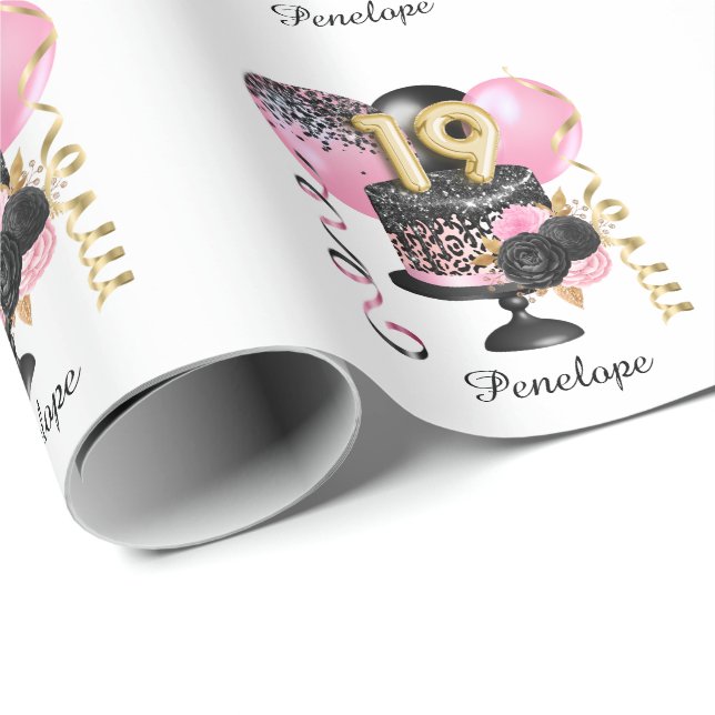 Papel De Regalo Gold y Black Cake 19th Birthday Name (Esquina del rollo)