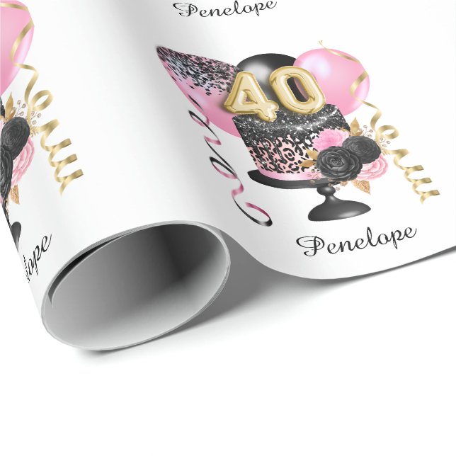 Papel De Regalo Gold y Black Cake 40th Birthday Name (Esquina del rollo)
