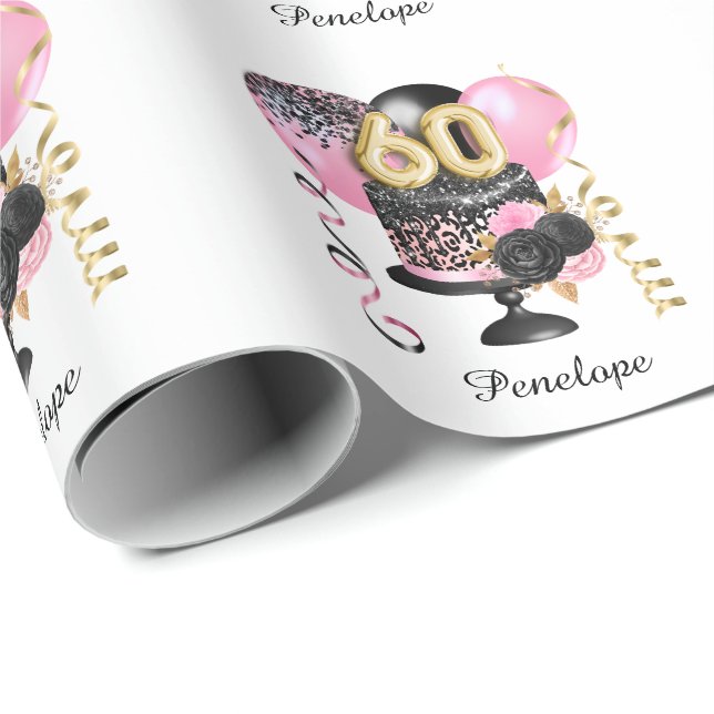 Papel De Regalo Gold y Black Cake 60th Birthday Name (Esquina del rollo)