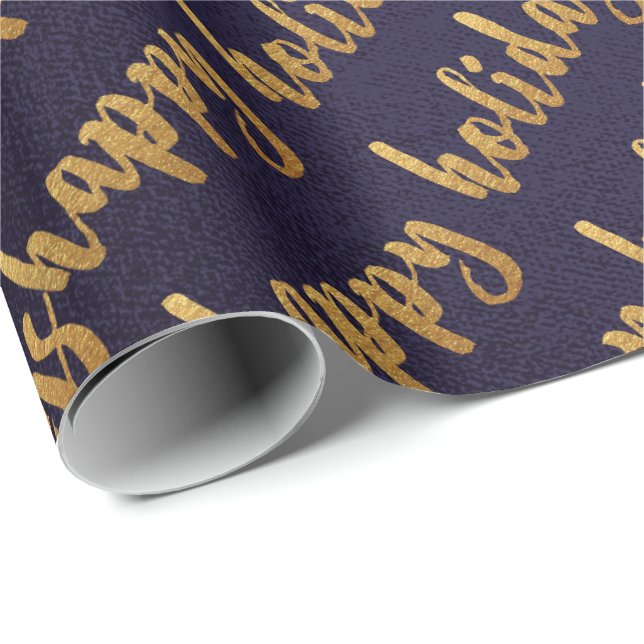 Papel De Regalo Golden Happy Holidays Script Deep Blue Navy (Esquina del rollo)