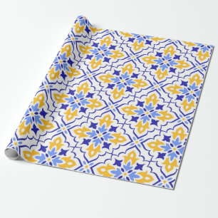 Papel De Regalo Golden Harmony Blue Floral Mosaic Elegant