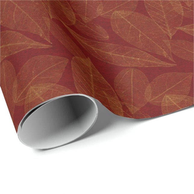 Papel De Regalo Golden Leaf Crimson Maroon Burgundy Botánico (Esquina del rollo)
