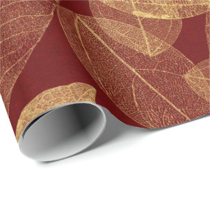 Papel De Regalo Golden Leaf Crimson Maroon Burgundy Luxury