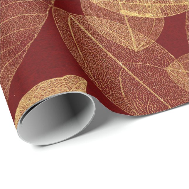 Papel De Regalo Golden Leaf Crimson Maroon Burgundy Luxury (Esquina del rollo)