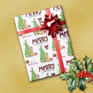 Papel De Regalo Golden Retriever, Bird and Christmas Tree