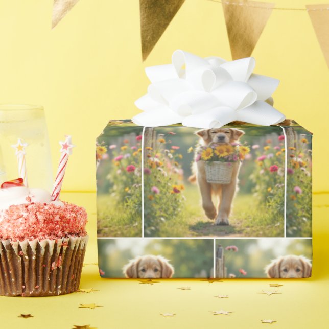 Papel De Regalo Golden Retriever caminando con una canasta de flor (Fiesta de cumpleaños )